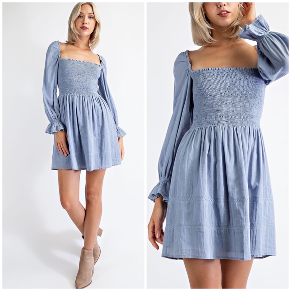 Edit By Nine Dresses & Skirts - Edit By Nine Adorable Dusty Blue Smocked Bodice Long Puff Sleeves Dress